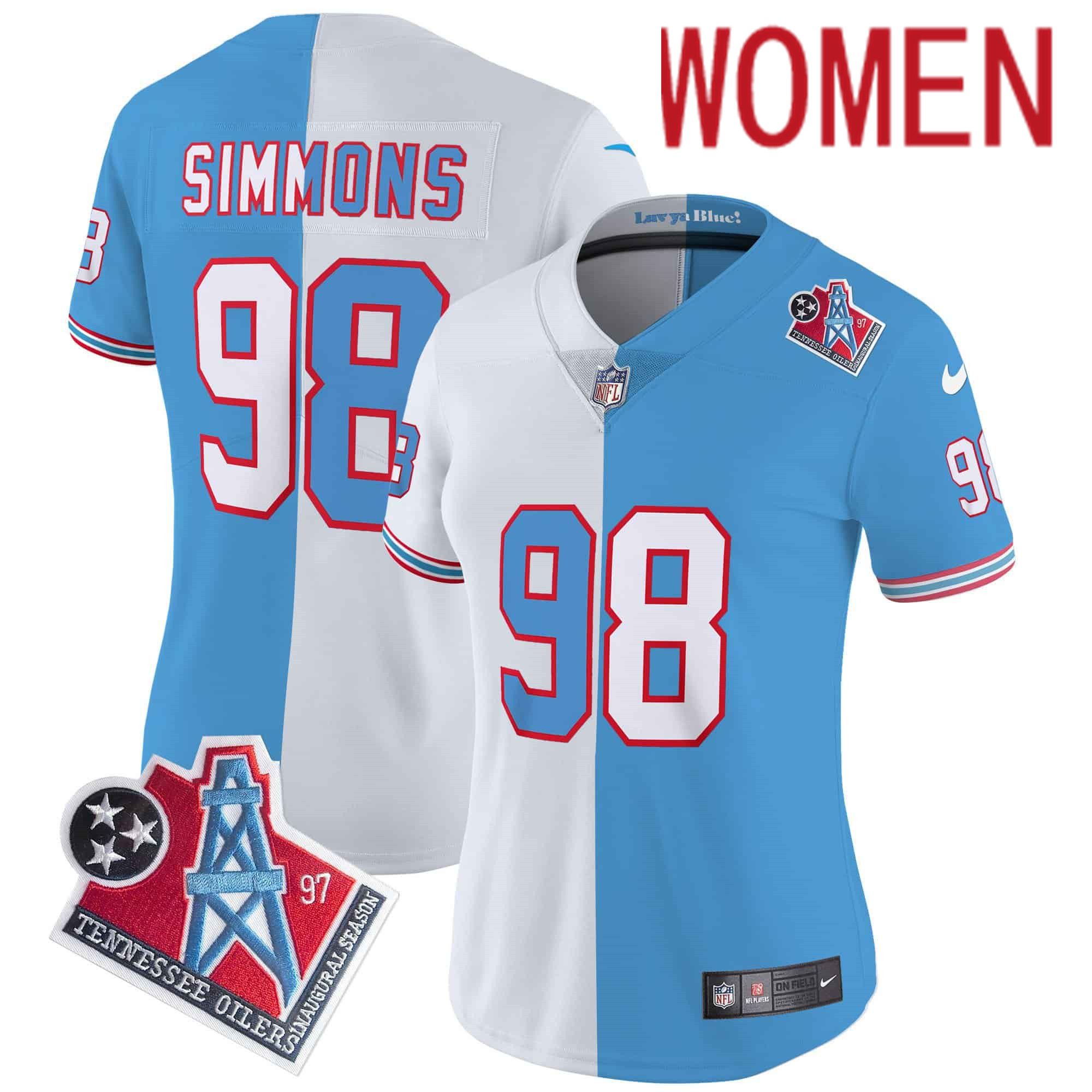 Women Tennessee Titans #98 Simmons Light Blue with white 1997 Throwback 2024 Nike Limited Vapor NFL Jersey->women nfl jersey->Women Jersey
